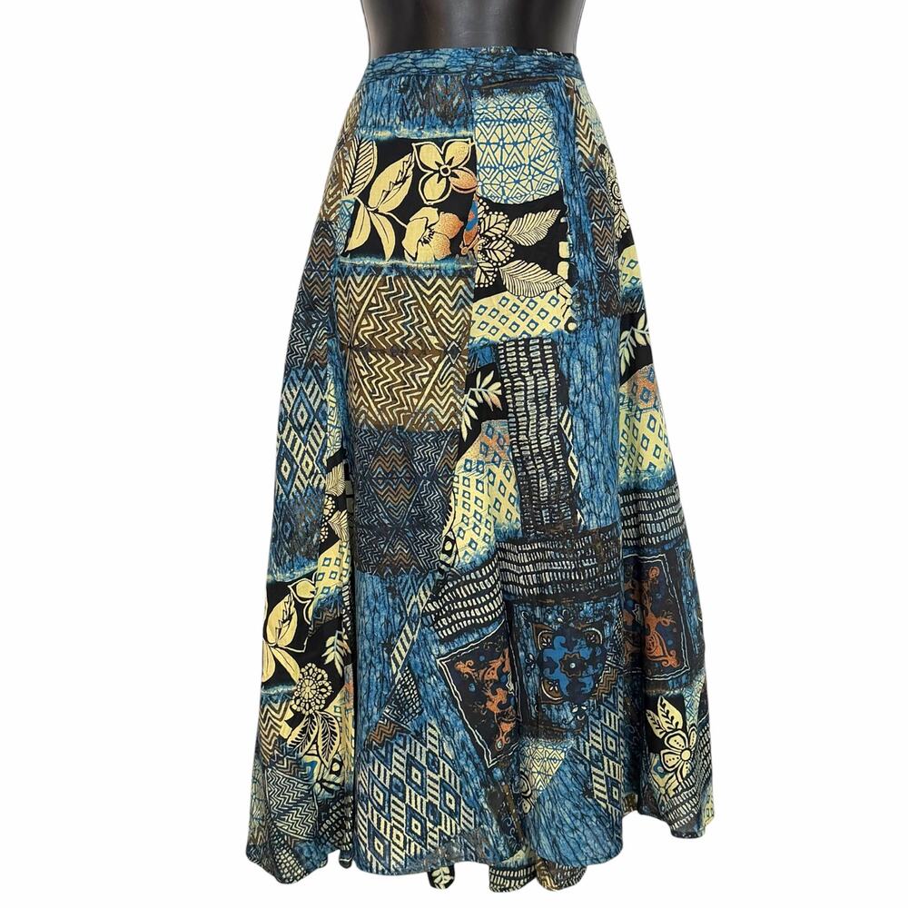 Chico's Bohemian Blue Patchwork Geometric Floral Batik Hippie Maxi Skirt L 2
